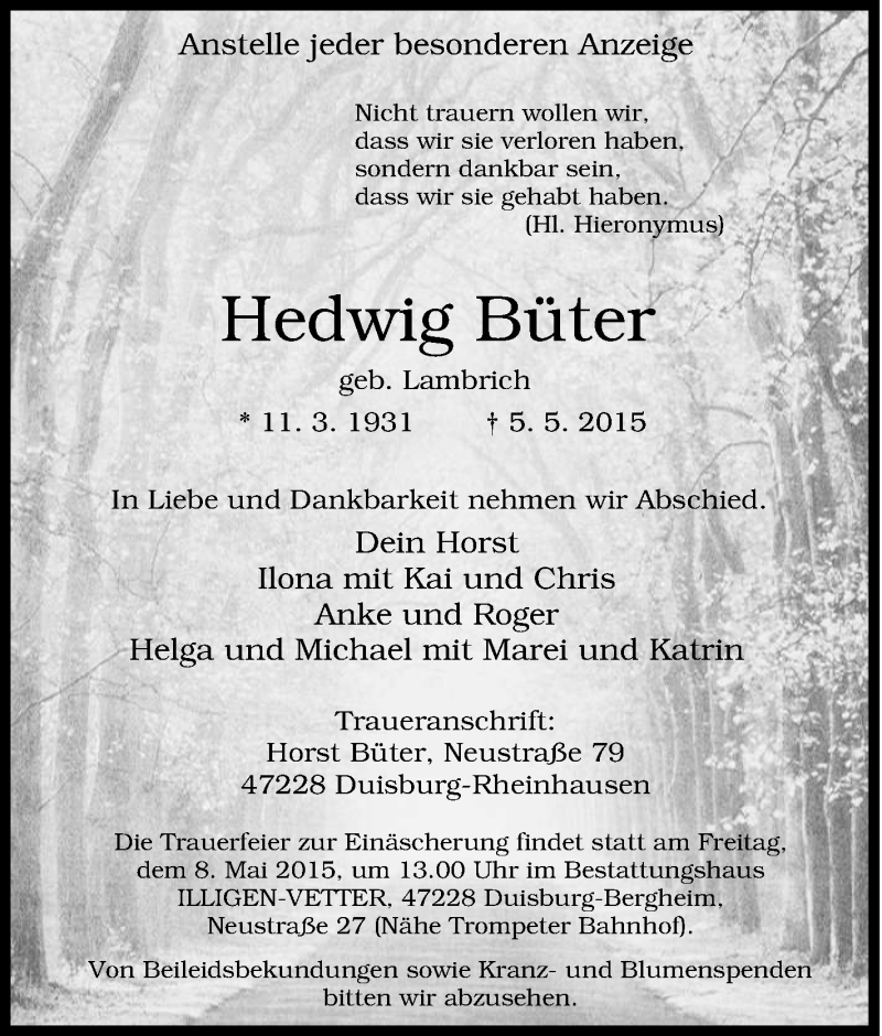 von Hedwig Büter | Trauer-in-NRW.de