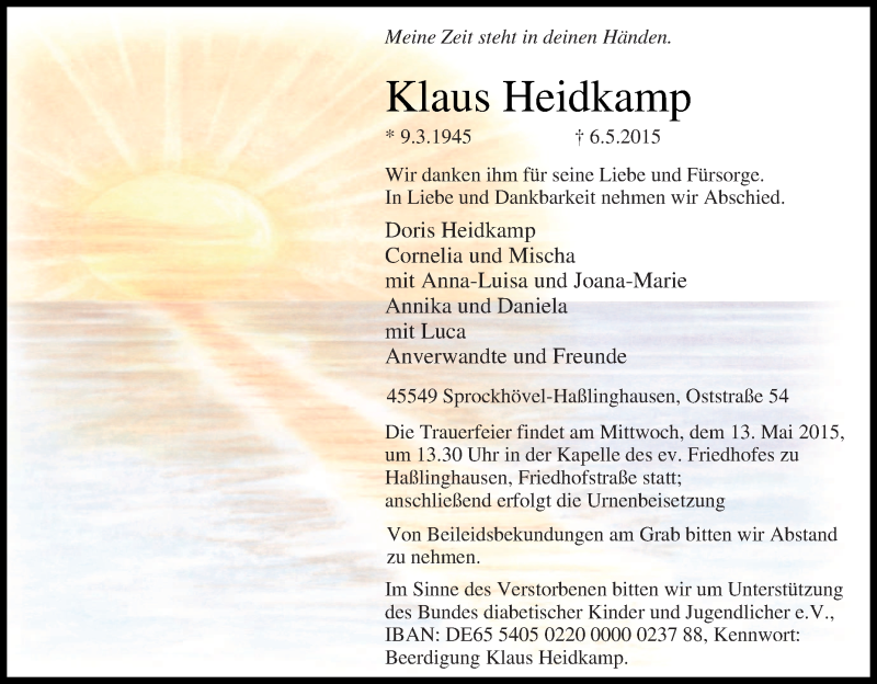 Traueranzeige für Klaus Heidkamp vom 09.05.2015 aus Tageszeitung