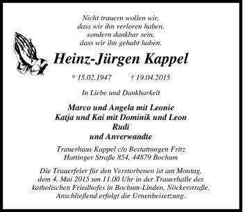 Traueranzeige von Heinz-Jürgen Kappel von Tageszeitung