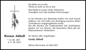 Traueranzeige von Werner Althoff von Tageszeitung