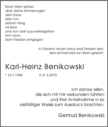 Traueranzeige von Karl-Heinz Benikowski von Tageszeitung