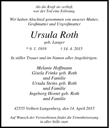 Traueranzeige von Ursula Roth von Tageszeitung