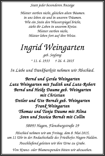 Traueranzeige von Ingrid Weingarten von Tageszeitung