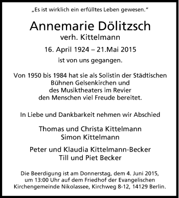 Traueranzeige von Annemarie Dölitzsch von Tageszeitung