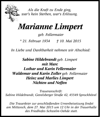 Traueranzeige von Marianne Limpert von Tageszeitung