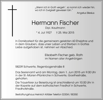 Traueranzeige von Hermann Fischer von Tageszeitung