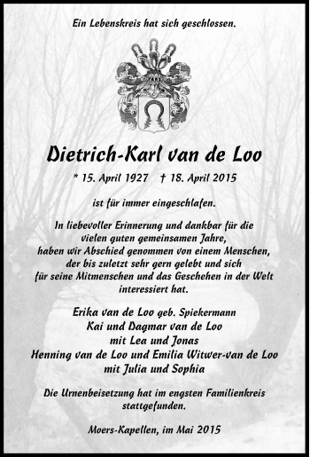 Traueranzeige von Dietrich-Karl  van de Loo von Tageszeitung