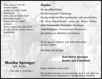 Traueranzeige von Monika Sprenger von Tageszeitung
