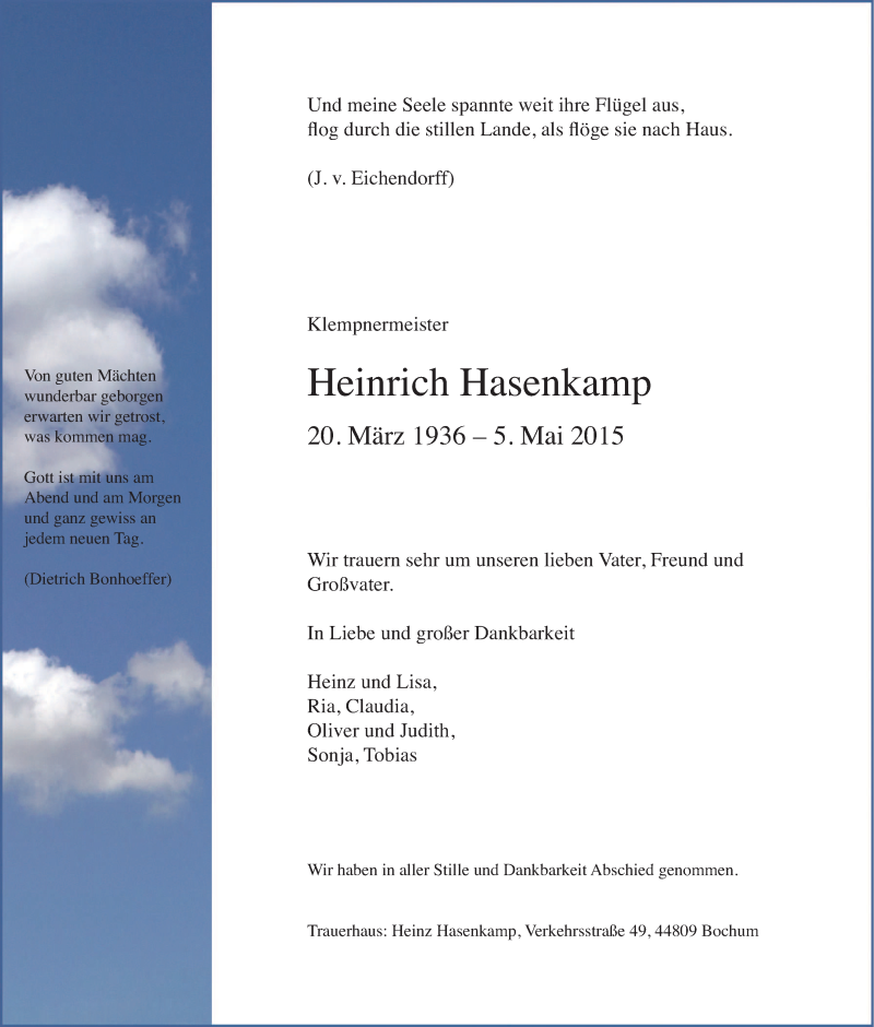  Traueranzeige für Heinrich Hasenkamp vom 13.05.2015 aus Tageszeitung