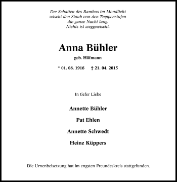 Traueranzeige von Anna Bühler von Tageszeitung