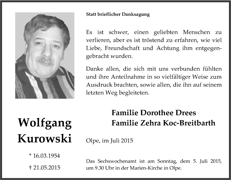 Traueranzeigen von Wolfgang Kurowski TrauerinNRW.de