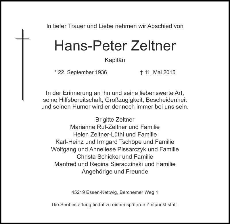  Traueranzeige für Hans-Peter Zeltner vom 23.05.2015 aus Tageszeitung