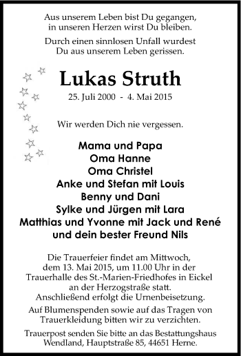 Traueranzeige von Lukas Struth von Tageszeitung