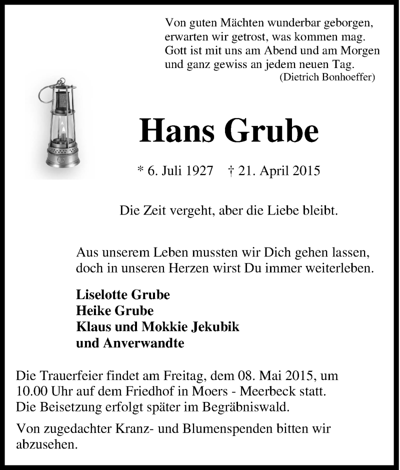 Traueranzeige für Hans Grube vom 05.05.2015 aus Tageszeitung