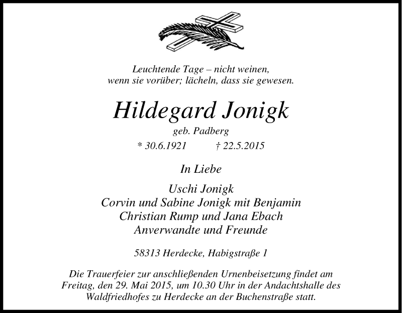  Traueranzeige für Hildegard Jonigk vom 27.05.2015 aus Tageszeitung