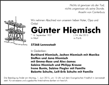 Traueranzeige von Günter Hiemisch von Tageszeitung