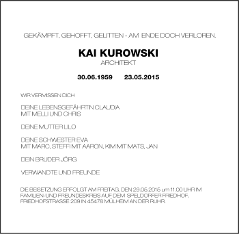Traueranzeige von Kai Kurowski von Tageszeitung