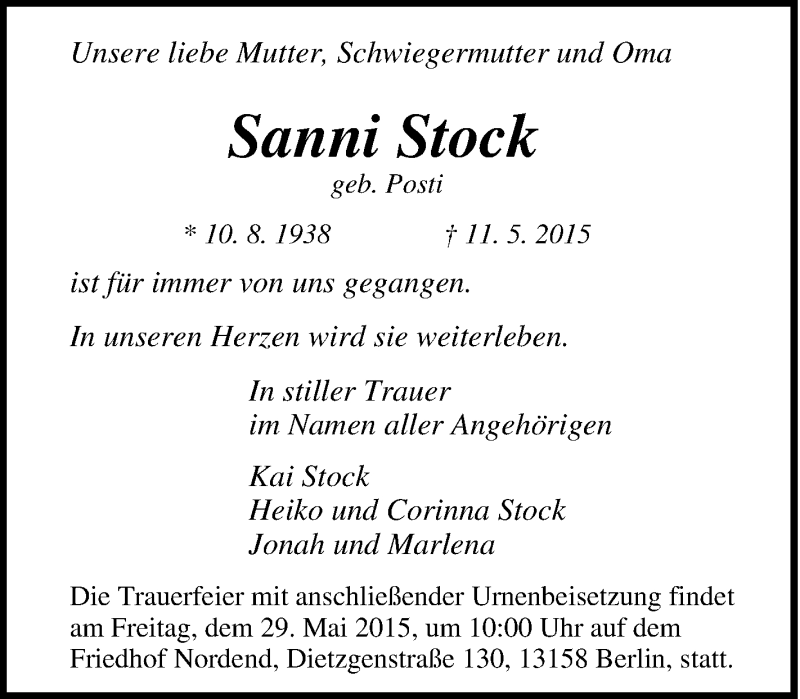  Traueranzeige für Sanni Stock vom 23.05.2015 aus Tageszeitung