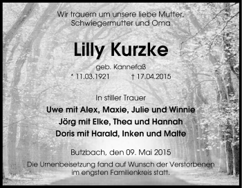 Traueranzeige von Lilly Kurzke von Tageszeitung