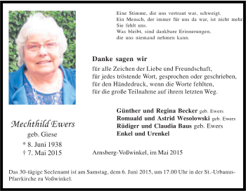 Traueranzeige von Mechthild Ewers von Tageszeitung
