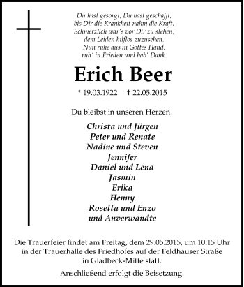 Traueranzeige von Erich Beer von Tageszeitung