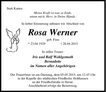 Traueranzeige von Rosa Werner von Tageszeitung