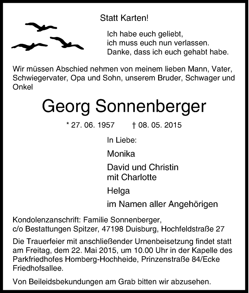  Traueranzeige für Georg Sonnenberger vom 18.05.2015 aus Tageszeitung