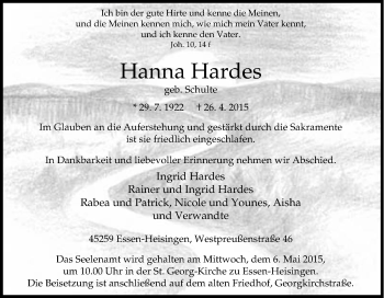 Traueranzeige von Hanna Hardes von Tageszeitung