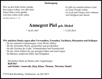 Traueranzeige von Annegret Piel von Tageszeitung