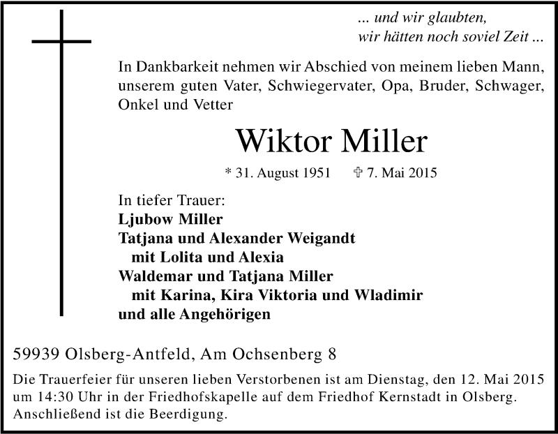  Traueranzeige für Wiktor Miller vom 09.05.2015 aus Tageszeitung