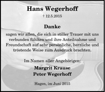 Traueranzeige von Hans Wegerhoff von Tageszeitung