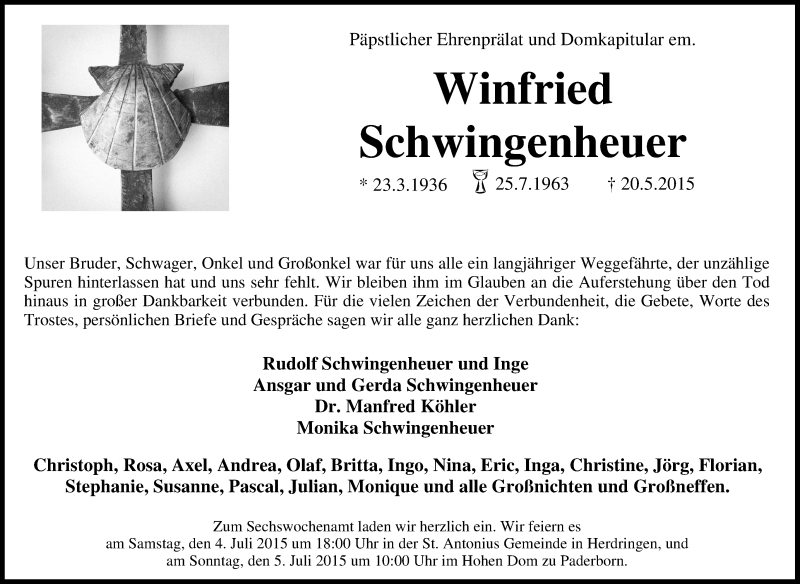  Traueranzeige für Winfried Schwingenheuer vom 23.05.2015 aus Tageszeitung
