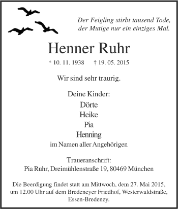 Traueranzeige von Henner Ruhr von Tageszeitung