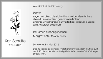 Traueranzeige von Karl Schulte von Tageszeitung