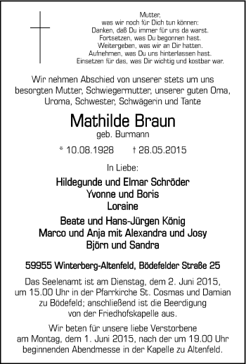 Traueranzeige von Mathilde Braun von Tageszeitung
