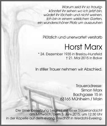 Traueranzeige von Horst Marx von Tageszeitung