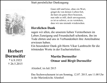 Traueranzeige von Herbert Dornseifer von Tageszeitung