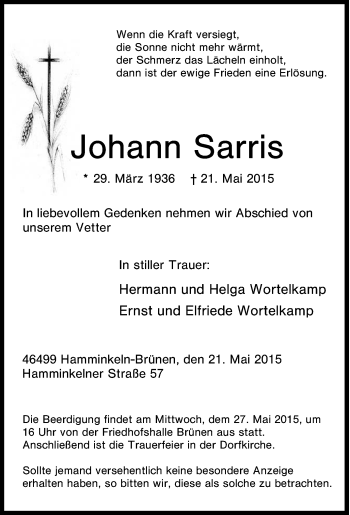 Traueranzeige von Johann Sarris von Tageszeitung