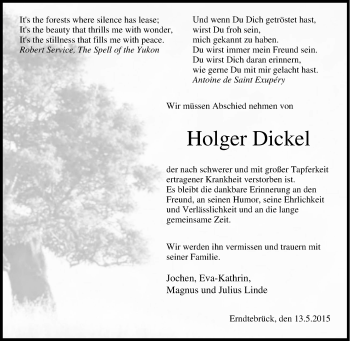 Traueranzeige von Holger Dickel von Tageszeitung