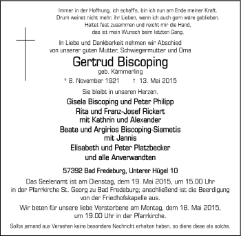 Traueranzeige von Gertrud Biscoping von Tageszeitung