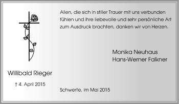 Traueranzeige von Willibald Rieger von Tageszeitung