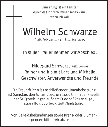 Traueranzeige von Wilhelm Schwarze von Tageszeitung