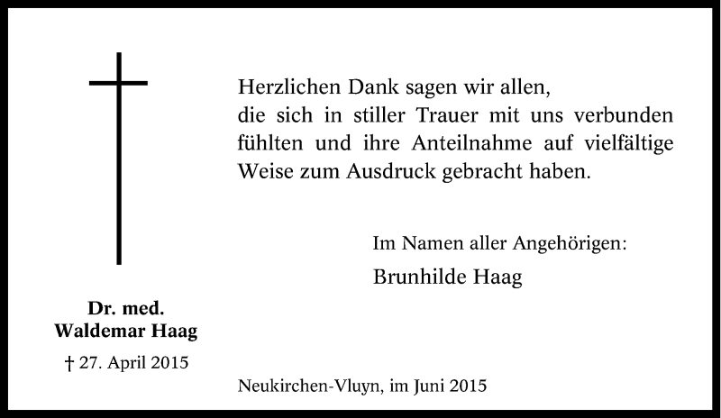  Traueranzeige für Waldemar Haag vom 02.05.2015 aus Tageszeitung