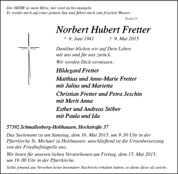Traueranzeige von Norbert Hubert Fretter von Tageszeitung