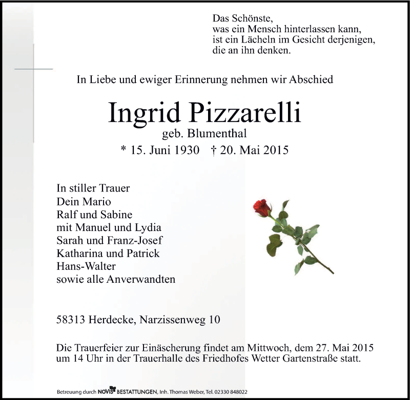  Traueranzeige für Ingrid Pizzarelli vom 23.05.2015 aus Tageszeitung