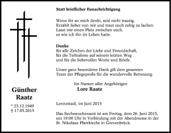 Traueranzeige von Günther Raatz von Tageszeitung