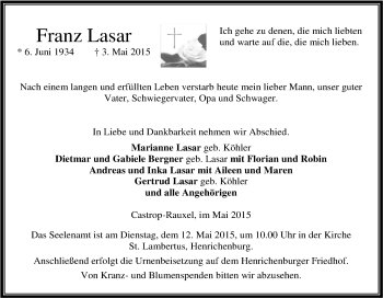 Traueranzeige von Franz Lasar von Tageszeitung