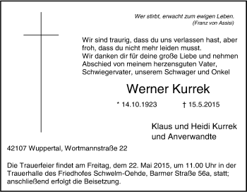 Traueranzeige von Werner Kurrek von Tageszeitung