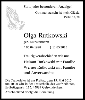 Traueranzeige von Olga Rutkowski von Tageszeitung