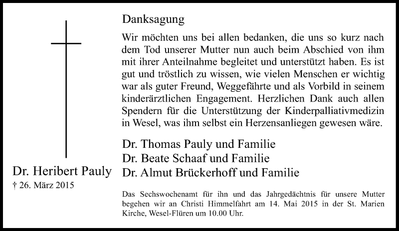 Traueranzeige für Heribert Pauly vom 12.05.2015 aus Tageszeitung